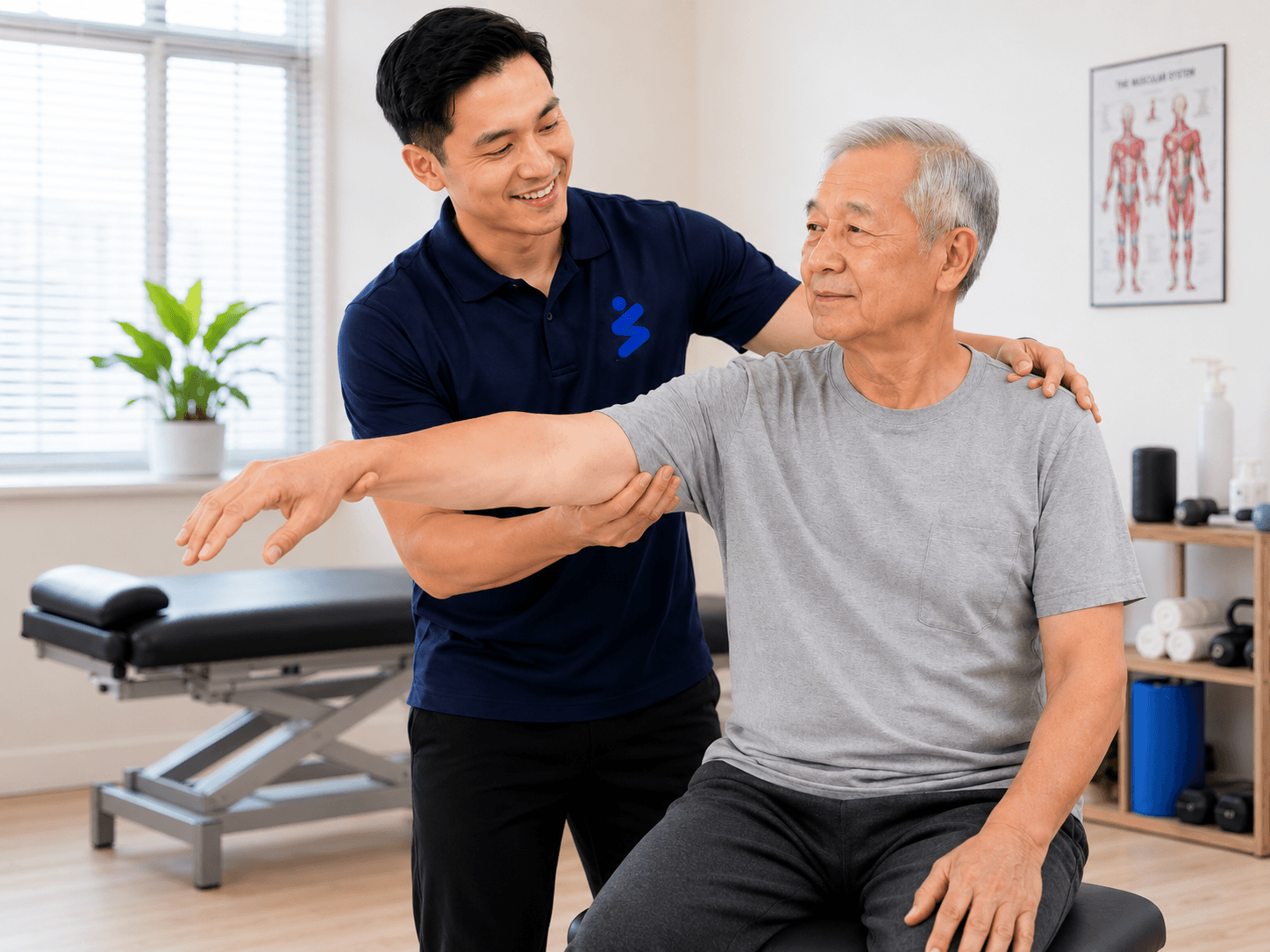 A physiotherapist guiding a patient through a shoulder exercise